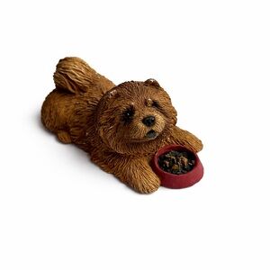 Vintage Adorable Brown Chow Chow Dog Glass Ceramic Figurine with Red Bowl